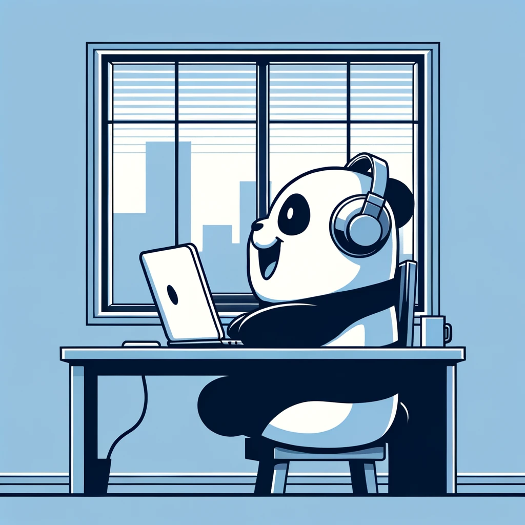 happy panda in front of computer